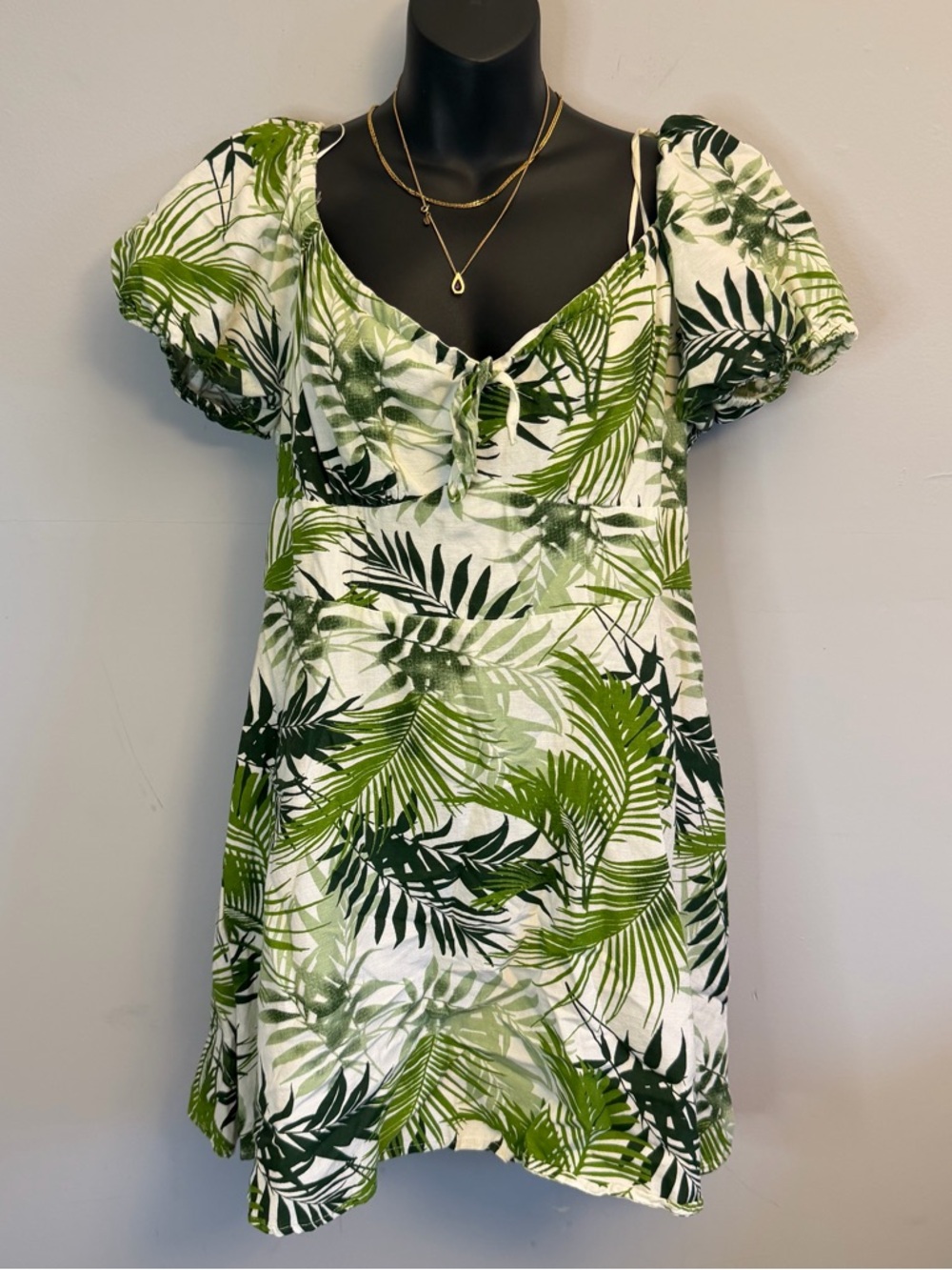 Tropical Leaf Print Puff Sleeve Mini Dress - Green & White